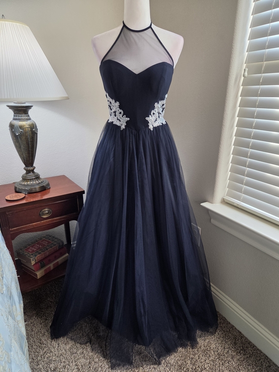 Dj-Jaz Dresses & Skirts - Elegant Navy Halter Tulle Prom Dress with Lace Waist Appliqué